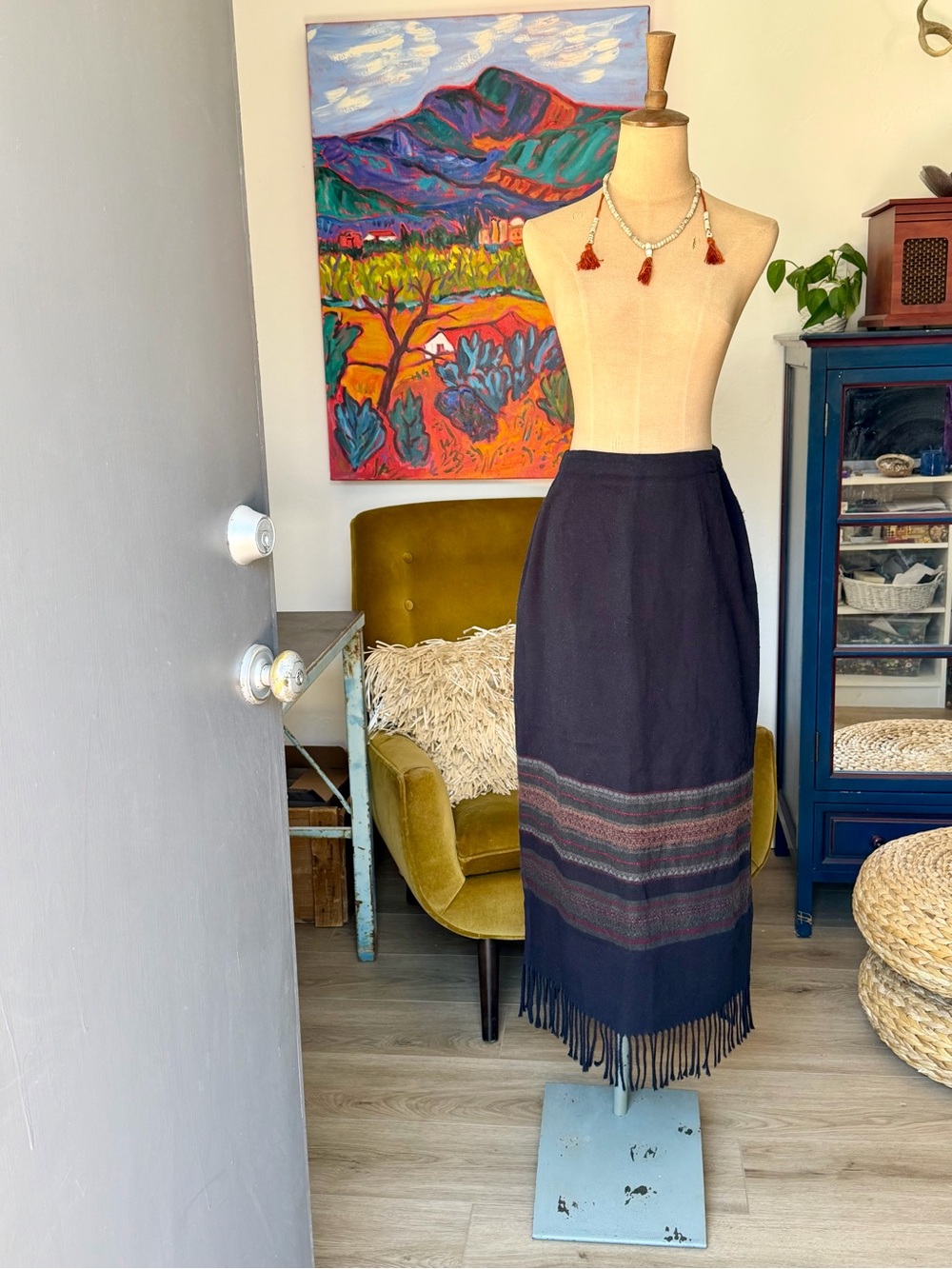 Black Fringe Hem Midi Skirt with Subtle Stripes